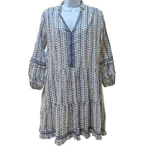 La Plage Blue White Cotton Print Tiered Mini Dress Boho Beachy Coastal Chic Lrg